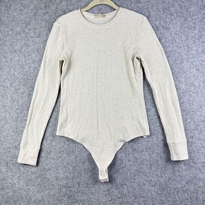 Nuuds Bodysuit Top Womens L Beige Thermal Ribbed Crewneck Long Sleeve Stretch